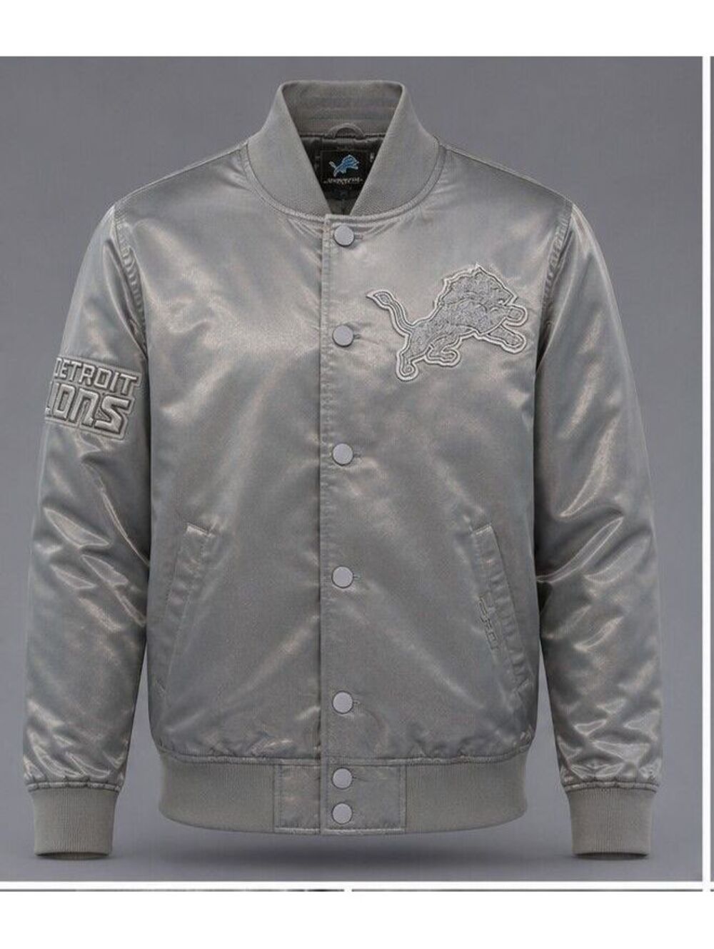 Detroit Lions PRO Satin Bomber Jacket Gray Silver Varsity NFL Football